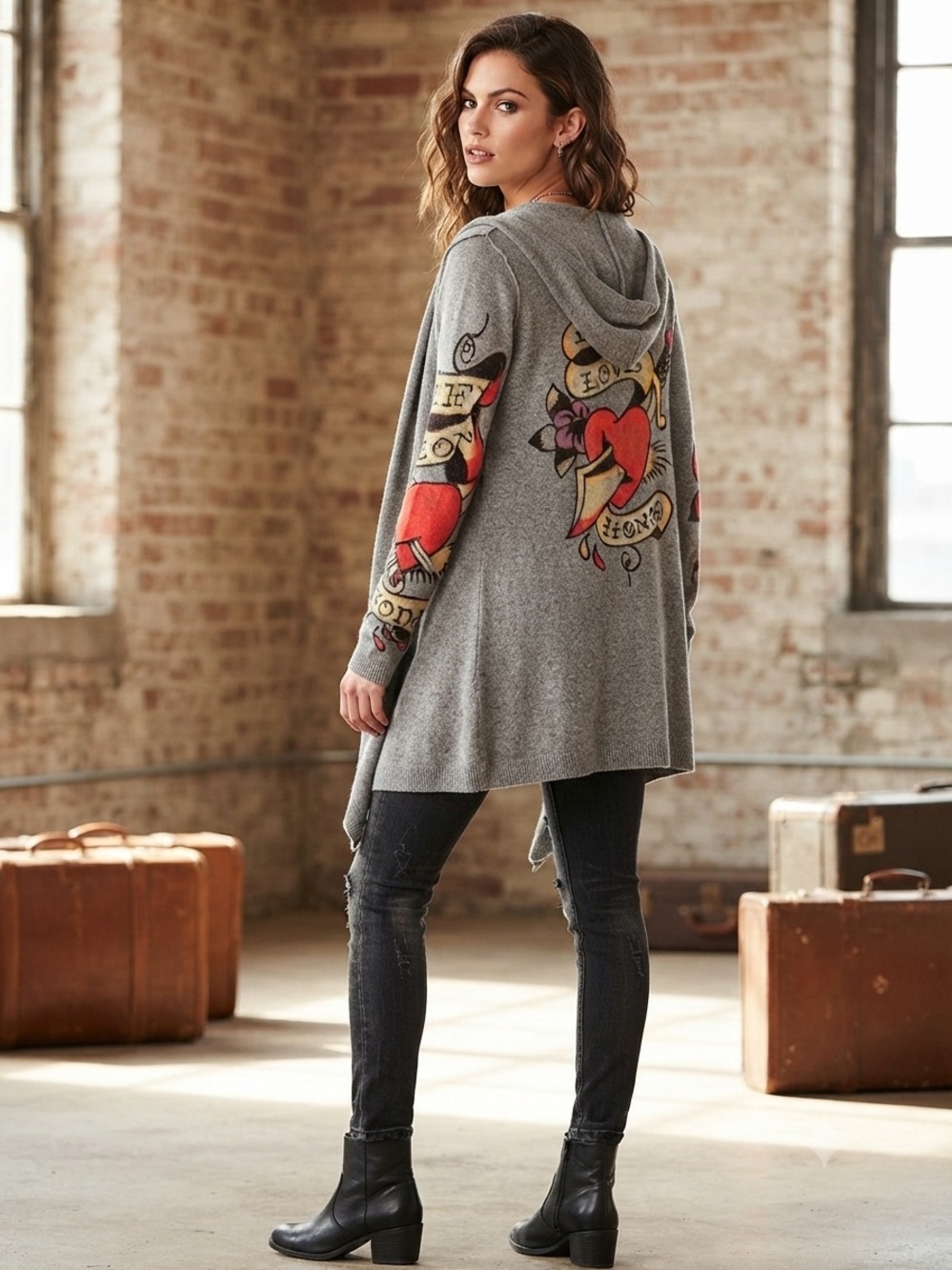 Ed Hardy Gray Knit Hooded Cardigan with Gold Logo Label Y2K